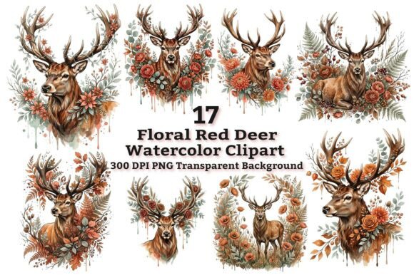 Elegant Floral Red Deer Clipart: A Versatile Design Resource for Creative Professionals