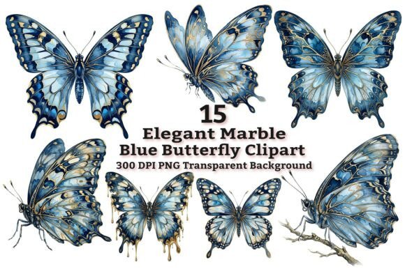 Elegant Marble Blue Butterfly Clipart: A Versatile Design Asset for Creative Professionals