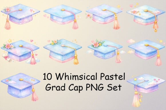 Whimsical Pastel Grad Cap PNG Set